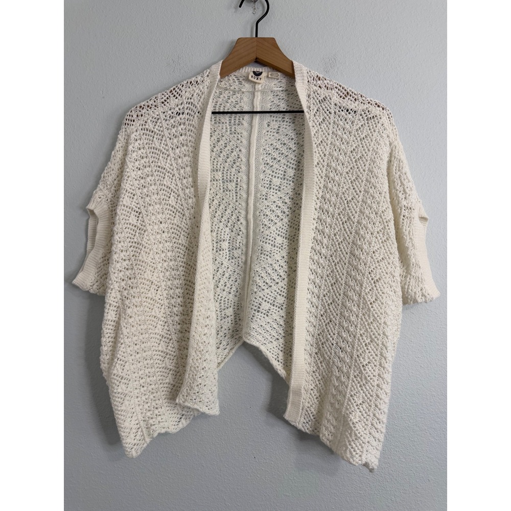 Roxy - White Crochet Style Open Boxy Dolman Cardigan Size Medium 100% Cotton